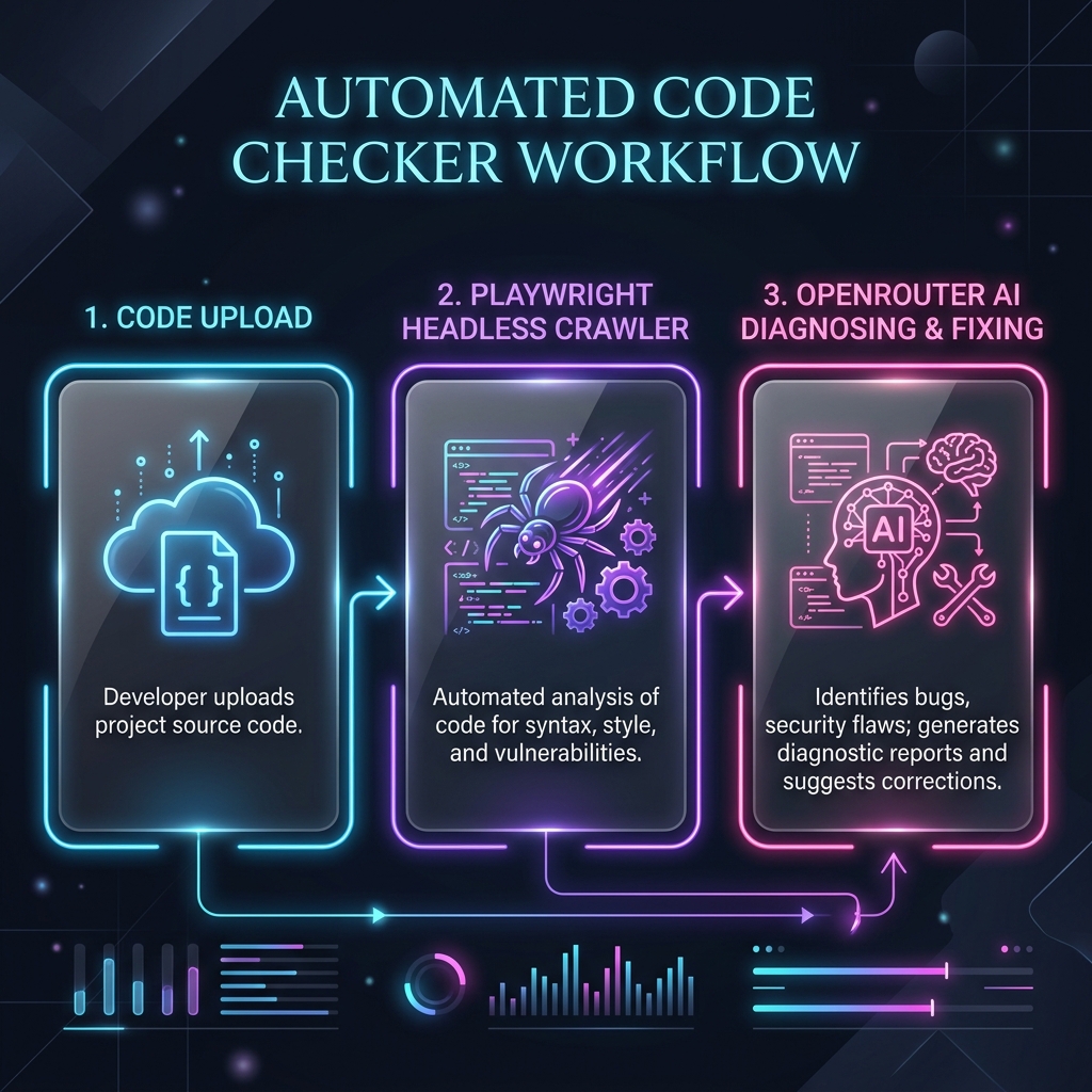 Infographic detailing the E2E verification workflow: ZIP upload, automated Playwright scan, and OpenRouter AI terminal commands fix generation